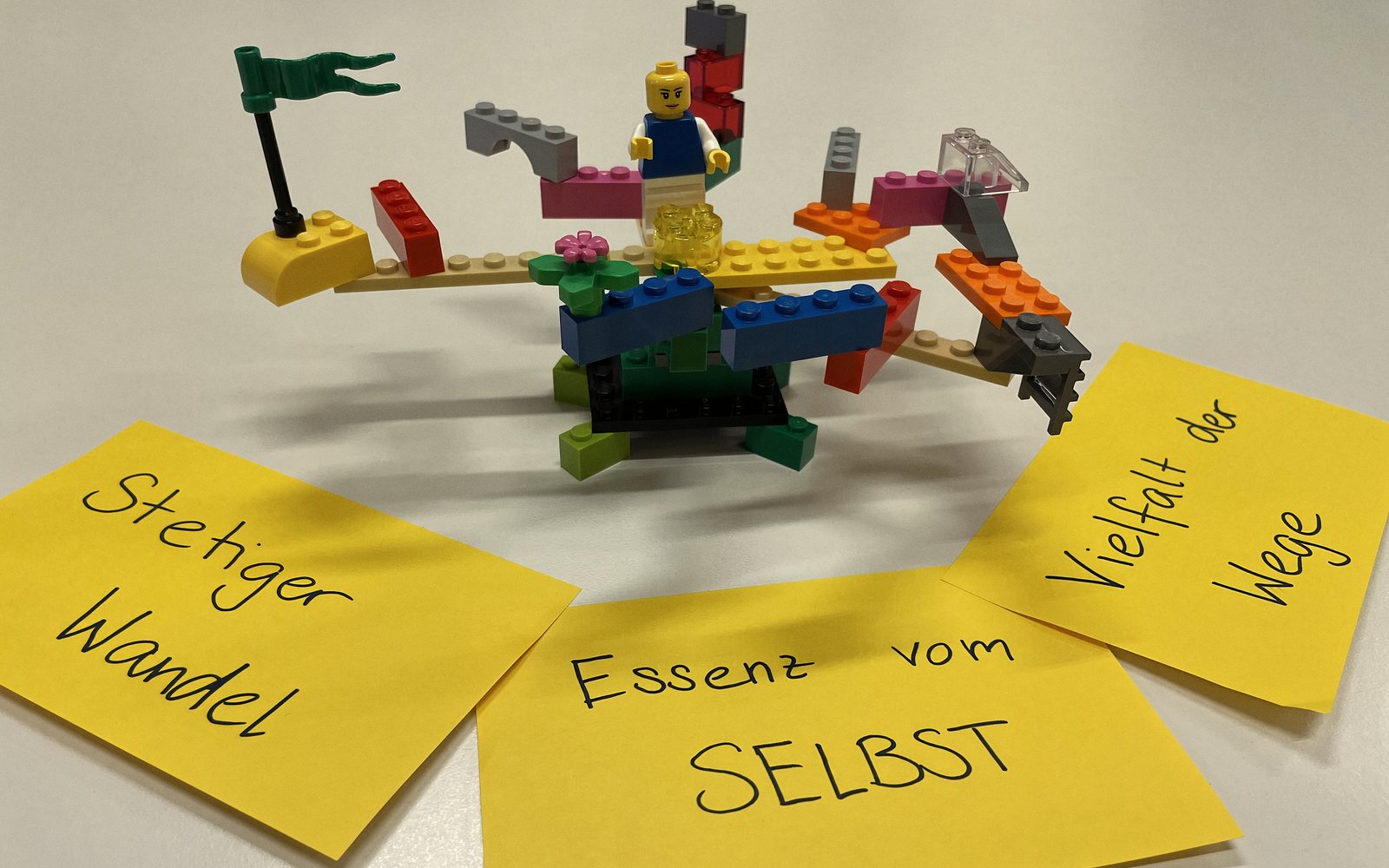 Ein Modell aus Bausteinen auf einem Tisch, davor drei Notizzettel: «Stetiger Wandel», «Essenz vom Selbst», «Vielfalt der Wege».